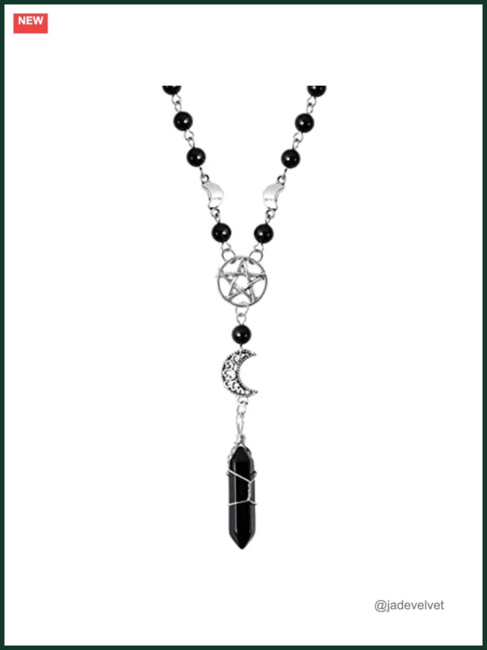 Gothic Crescent Moon Pentagram Crystal Stainless Steel Pendant Necklace